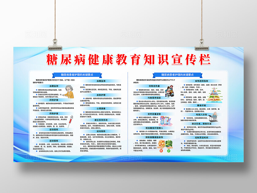 蓝色大气简约科技感糖尿病健康教育知识宣传栏展板设计模板