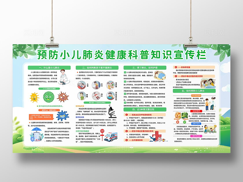 绿色清新卡通简约风预防小儿肺炎健康科普知识宣传栏