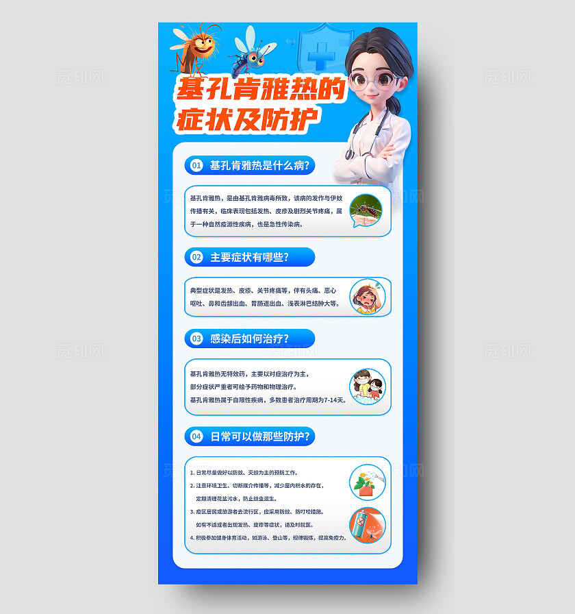 3D潮流卡通蓝色简约基孔肯雅热防治健康医疗手机海报