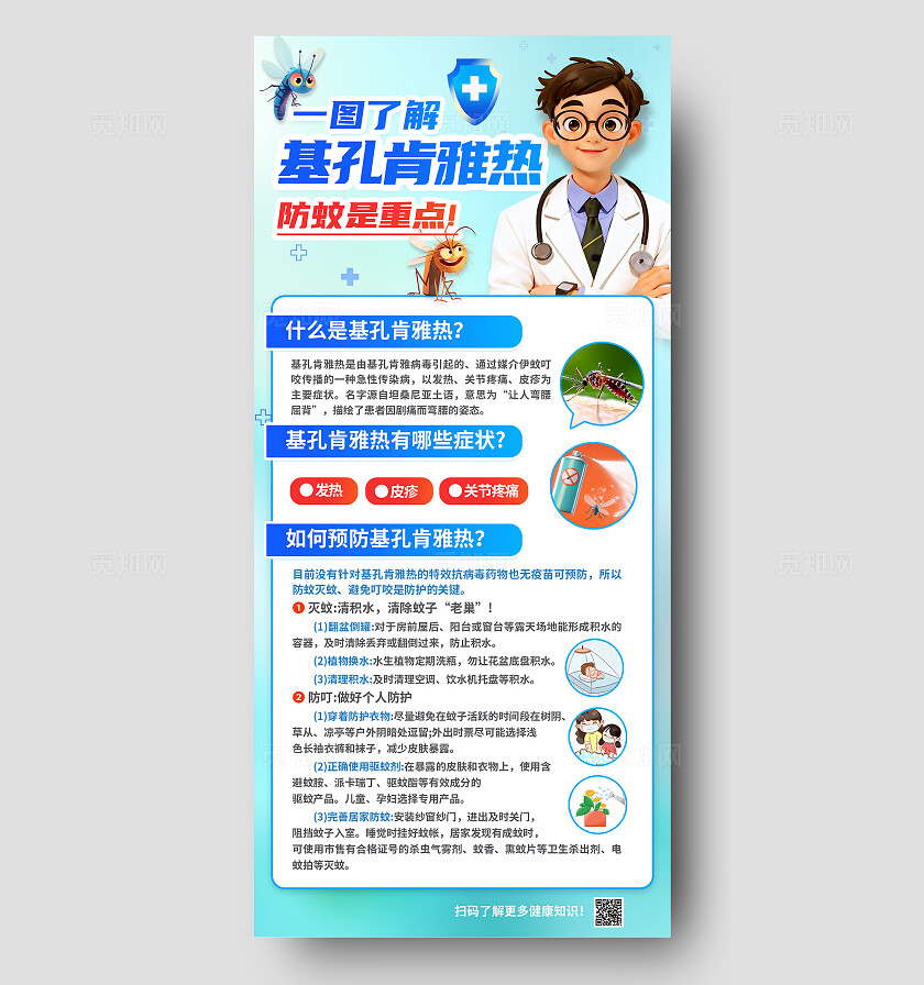 3D潮流清新蓝色基孔肯雅热疾病预防健康科普手机海报