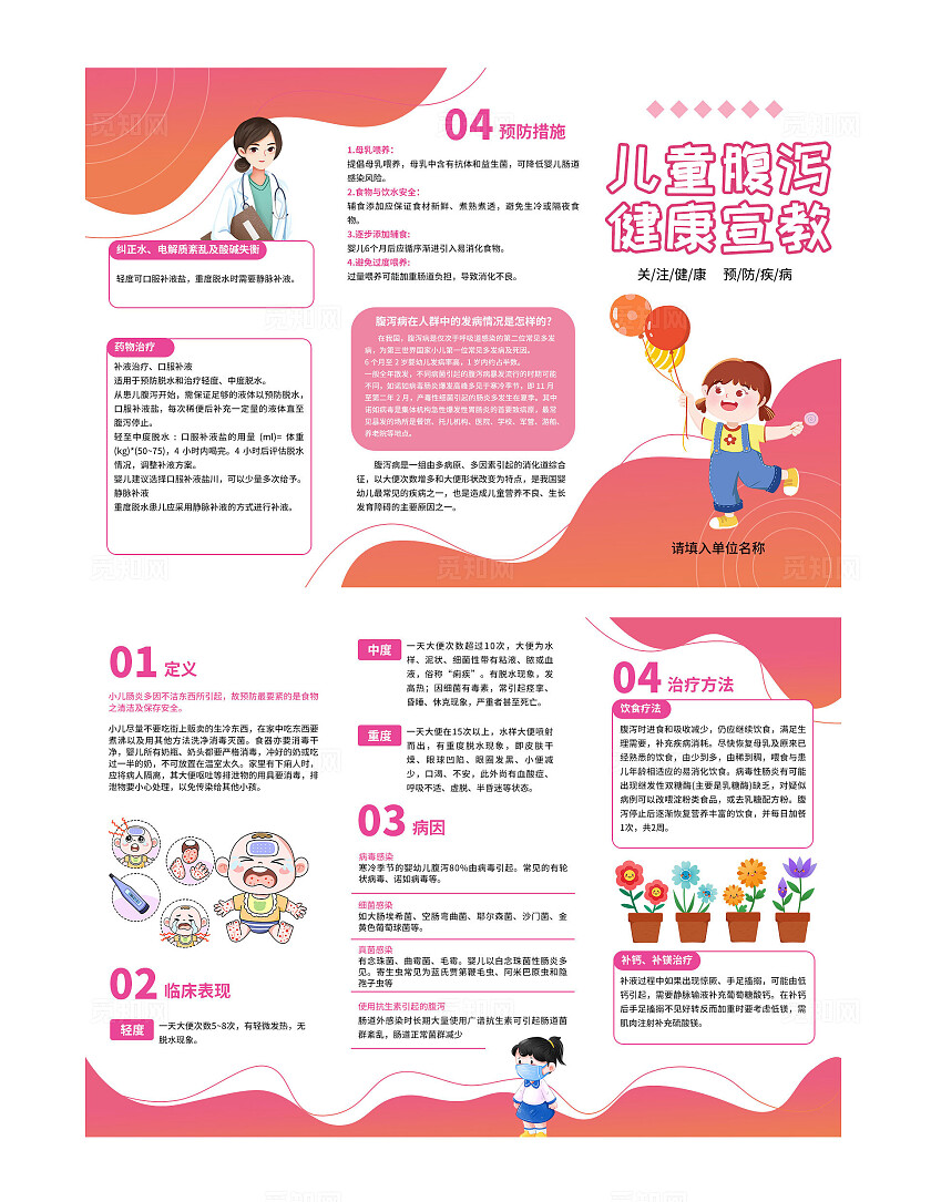 粉色卡通儿童腹泻健康宣教三折页 套图