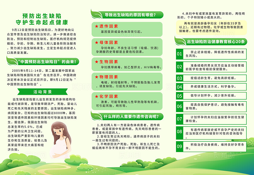 绿色卡通预防出生缺陷守护生命孕检孕前检查健康医疗知识三折页