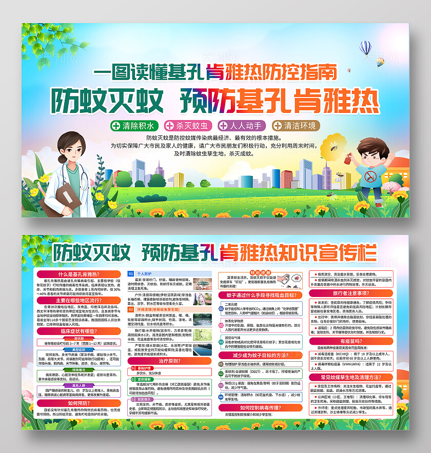 蓝绿色小清新防蚊灭蚊基孔肯雅热疾病知识宣传栏背景预防基孔肯雅热防蚊灭蚊