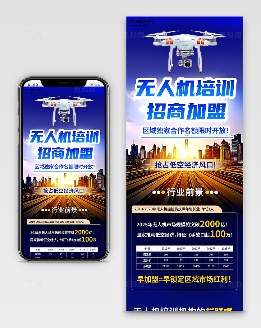 蓝色简约无人机技能培训招商机构加盟长图