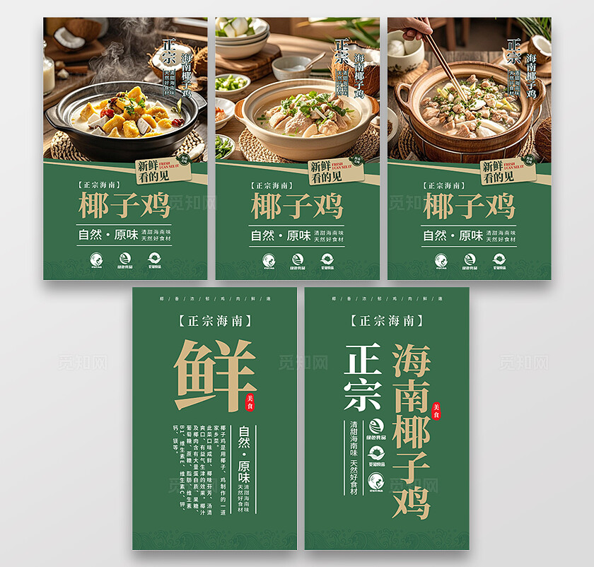 餐饮绿色简约正宗海南椰子鸡美食宣传海报套图