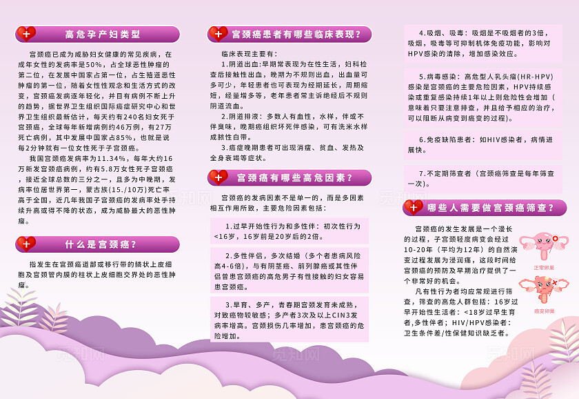 紫色剪纸风宫颈癌筛查及预防知识妇幼保健知识医疗三折页