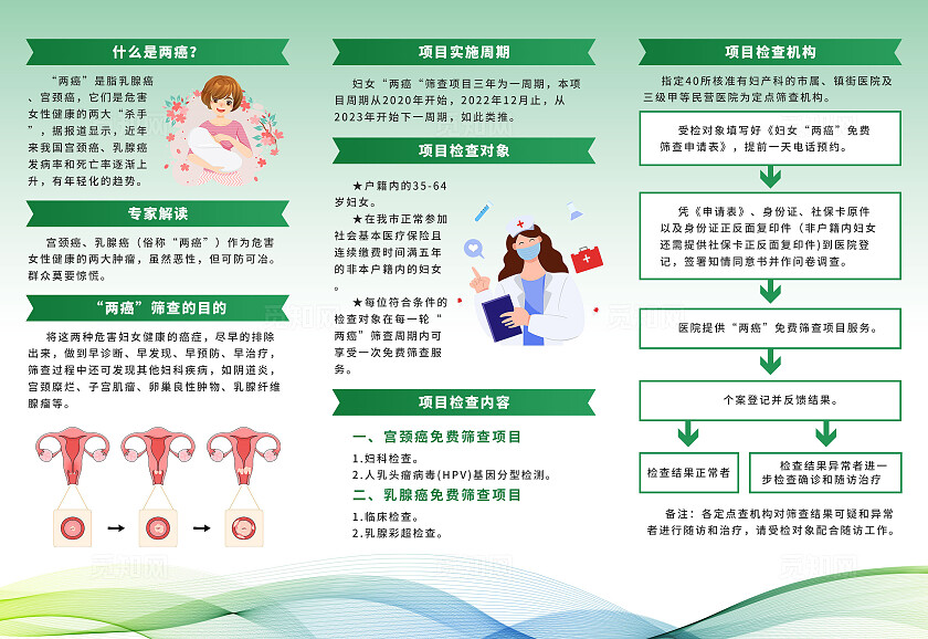 绿色简约防治乳腺癌宫颈癌两癌医疗知识三折页