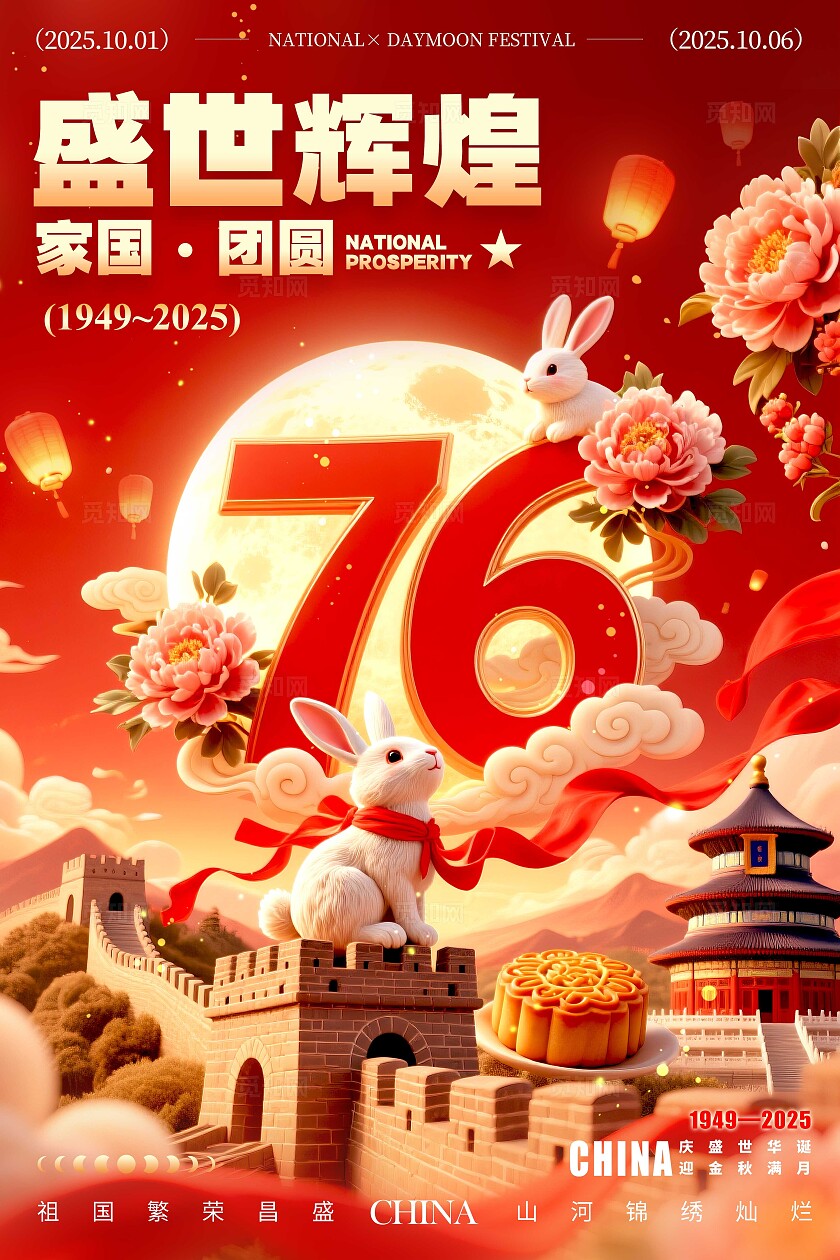 红色3D国潮风格盛世辉煌国庆中秋宣传海报国庆中秋海报国庆中秋国庆节国庆