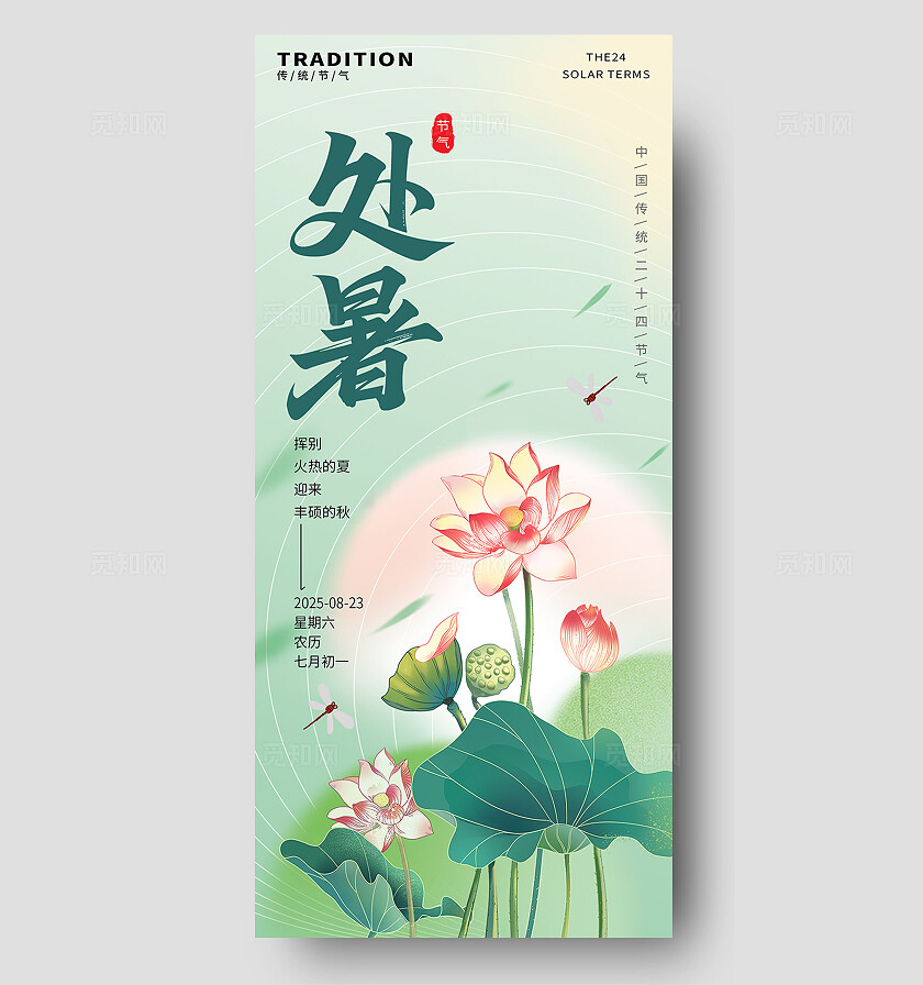 中国风处暑二十四节气荷花蜻蜓海报背景
