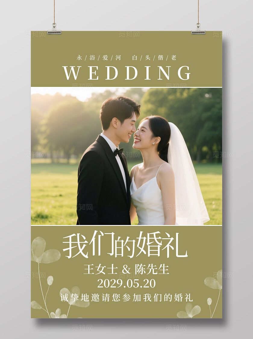 草绿色婚礼海报我们结婚啦迎宾水牌
