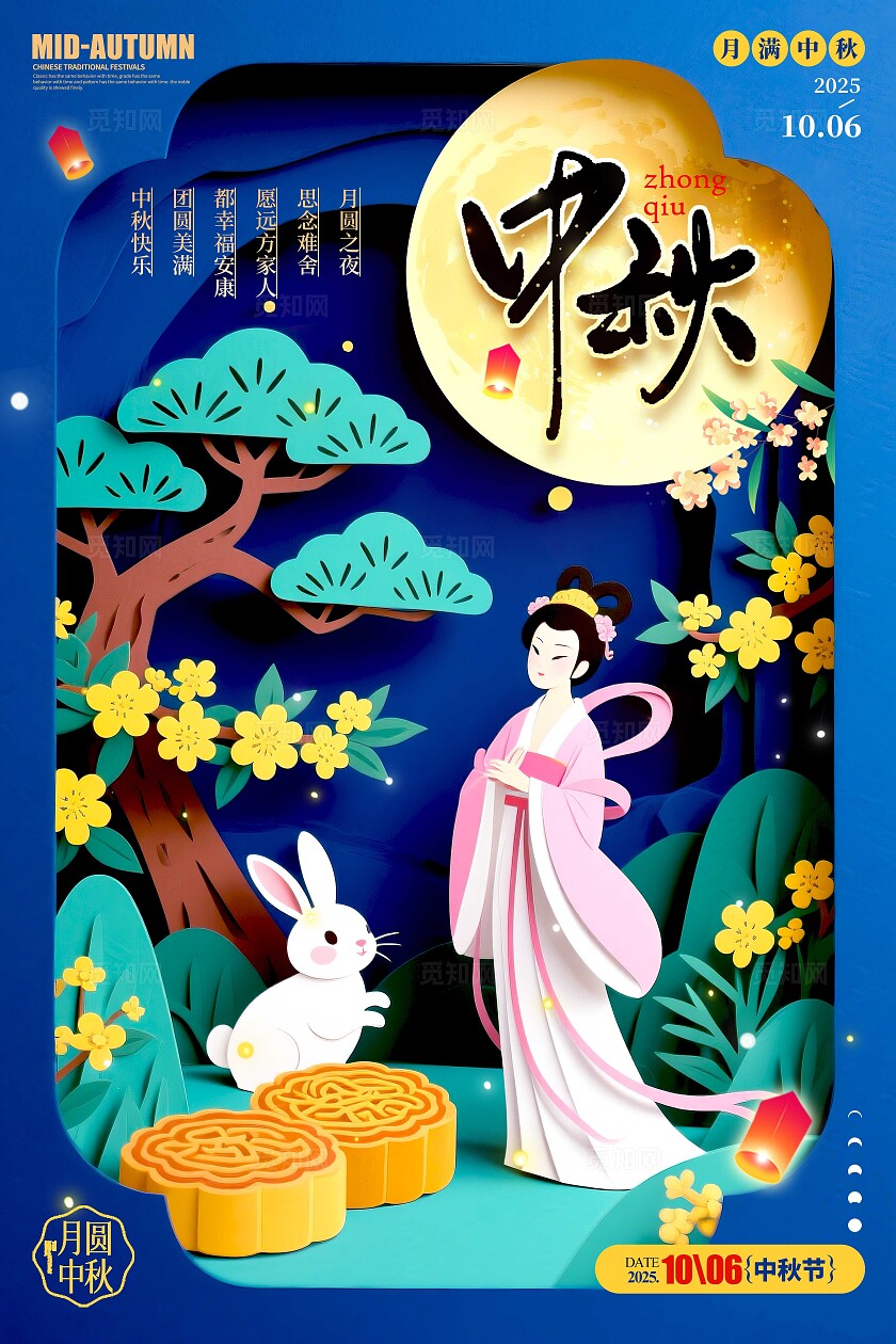 蓝色剪纸风格中秋中秋节宣传海报中秋节海报中秋海报中秋节