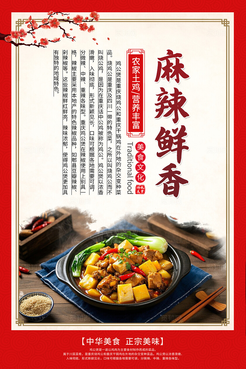 餐饮红色中国风中华美食鸡公煲海报套图背景
