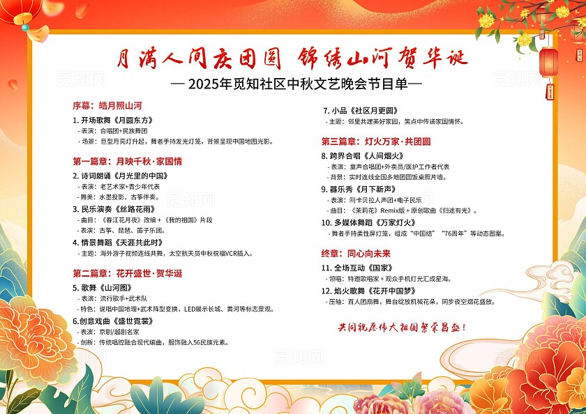 红色国潮中国风中秋国庆双节同庆晚会演出节目单宣传单海报国庆中秋节目单