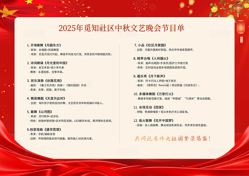红色党建红绸盛世华诞月满中秋晚会演出节目单海报国庆中秋节目单国庆节节目单