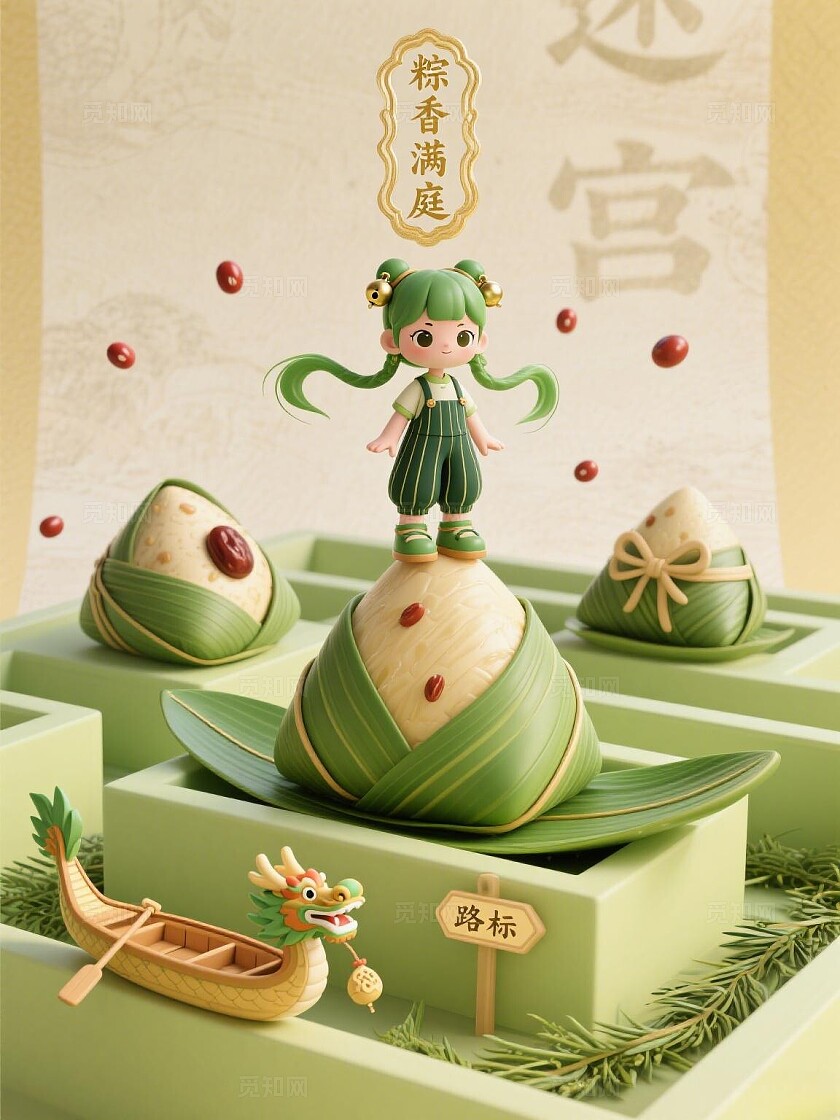 卡通风端午小女孩粽子龙舟插画素材