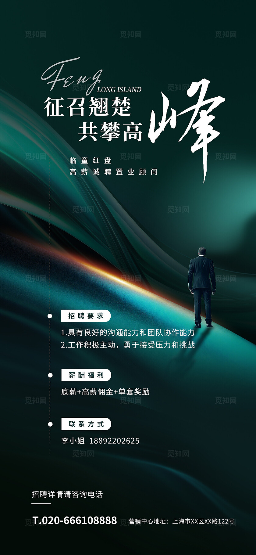 绿色抽象背景人物剪影地产宣传文案招聘海报招聘手机文案海报