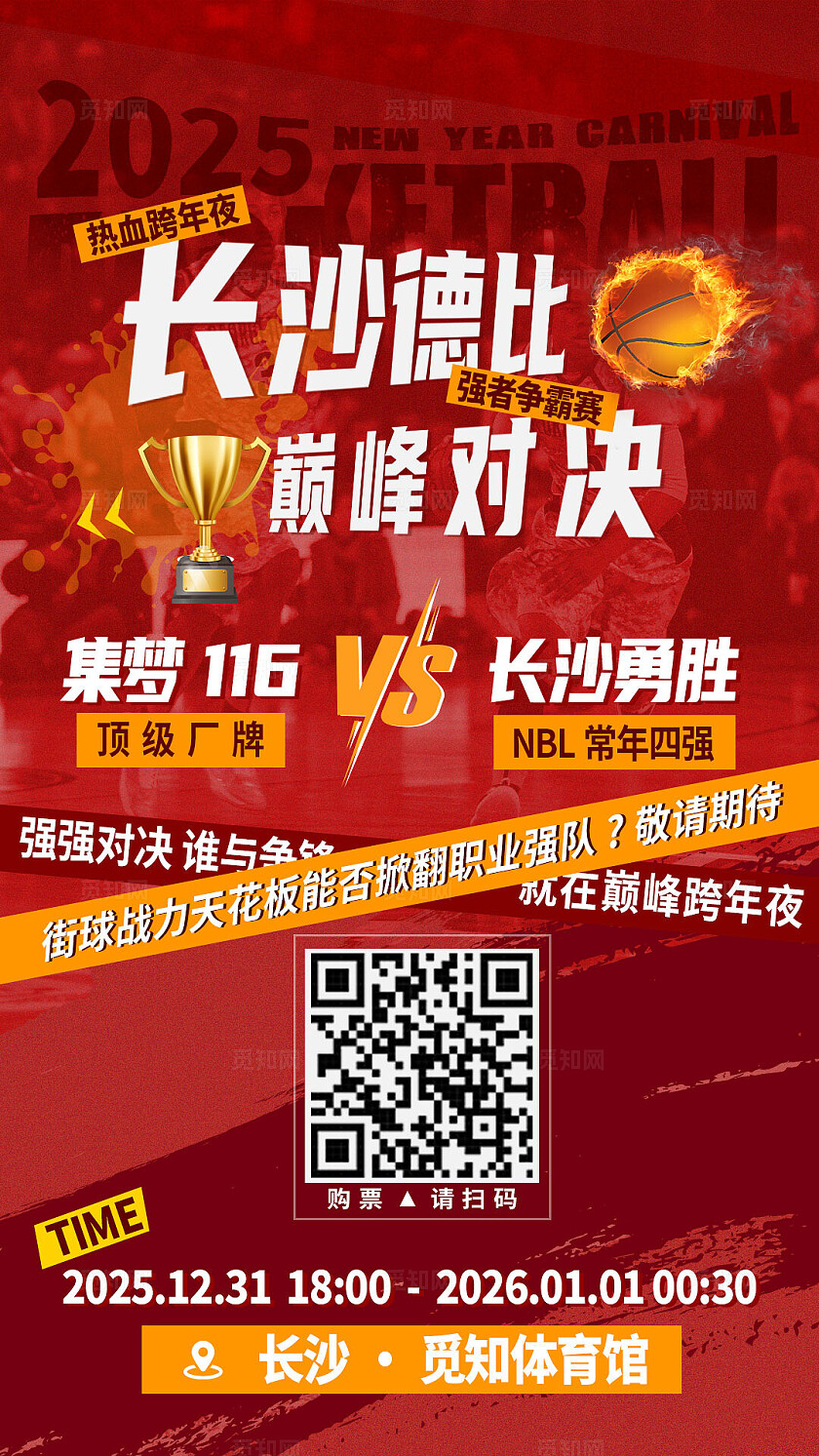 红色炫酷热血跨年夜长沙巅峰对决篮球比赛手机海报  宣传