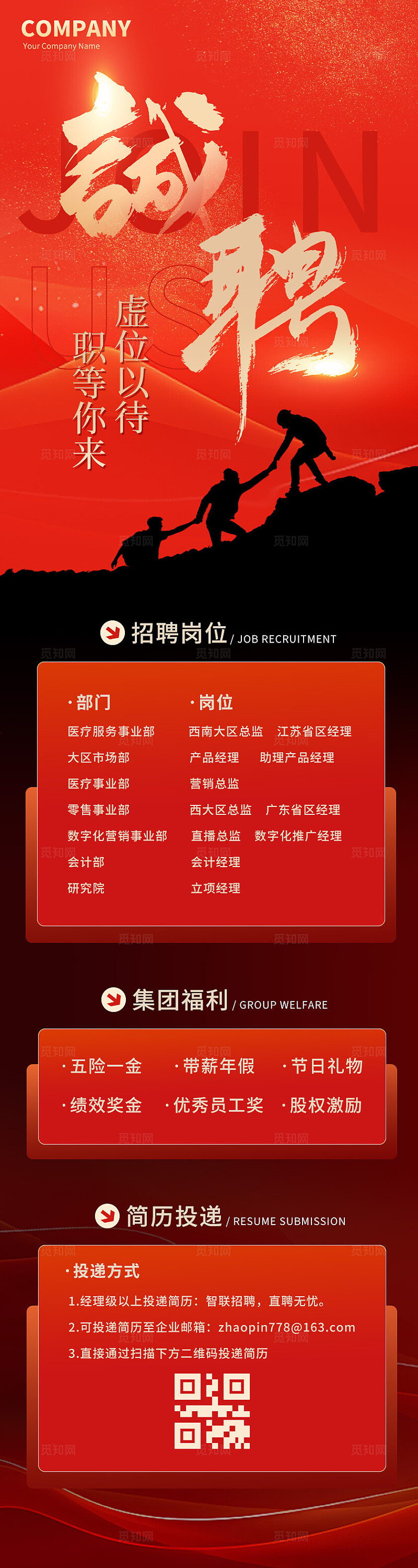 红色大气人物奋斗剪影集团招聘海报长图招聘长图