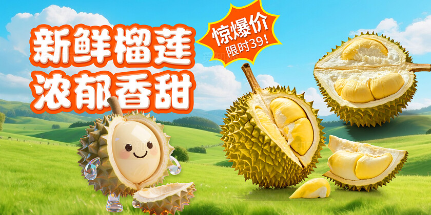 餐饮3D潮流电商生鲜水果榴莲促销活动BANNER展板