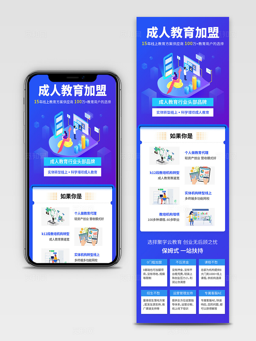 蓝色简约成人教育网校平台招商落地页