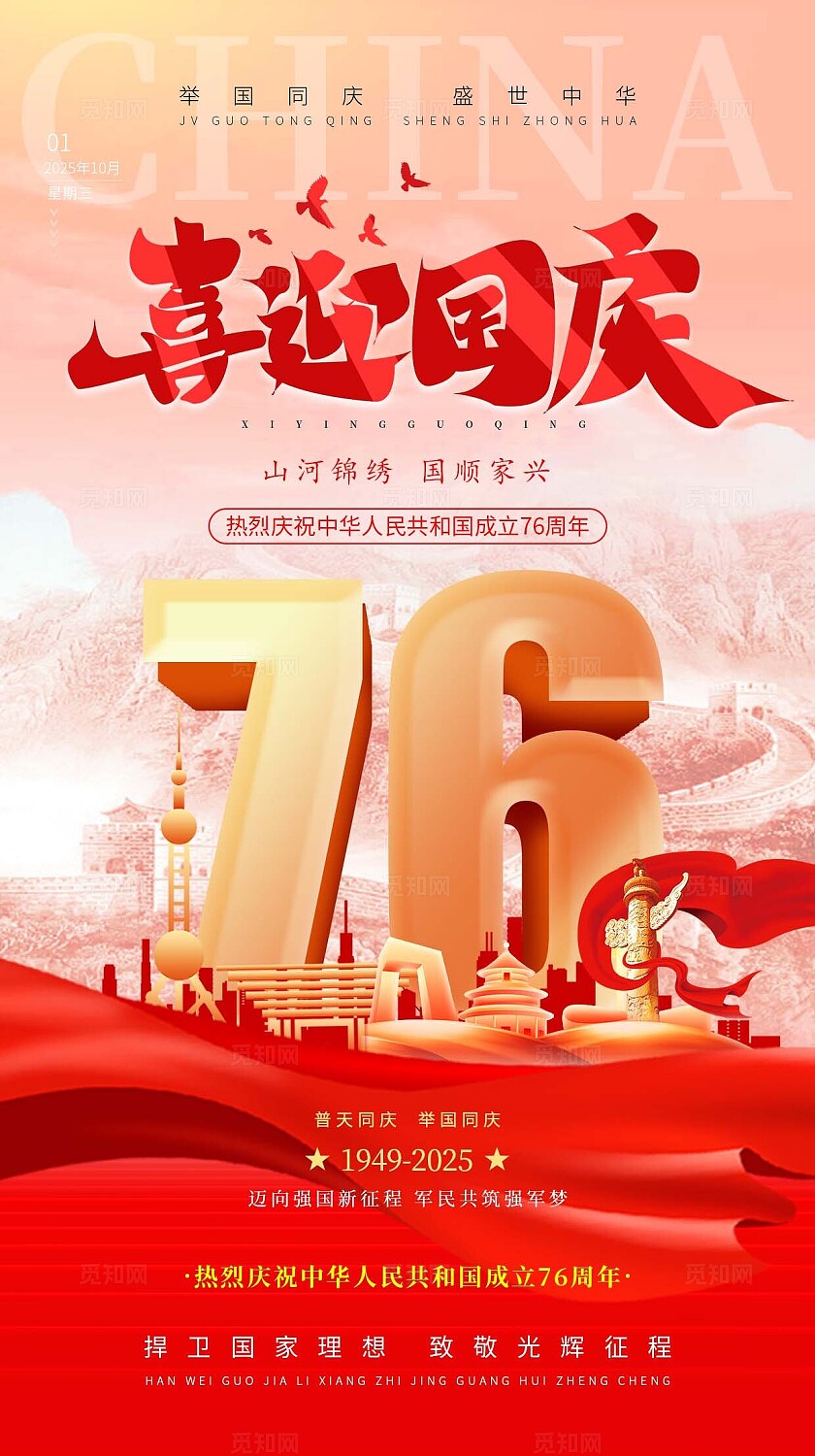 国庆节76周年红色简约大气国庆节宣传周年海报手机海报