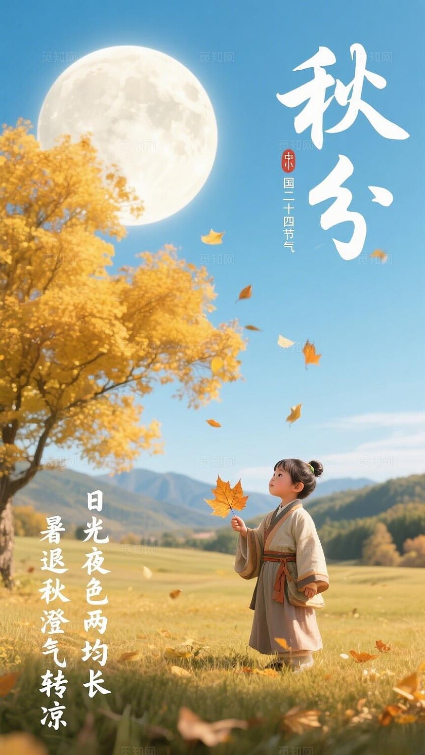 中国风秋分儿童小孩草地赏景素材