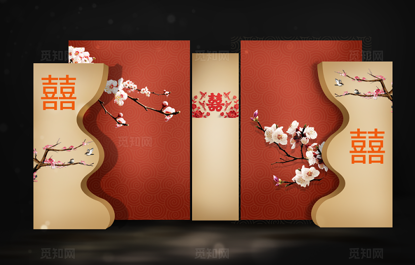 红撞香槟色中式婚礼迎宾区效果图