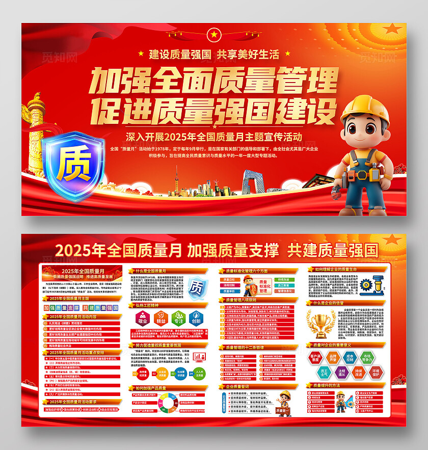 3D潮流卡通红金色大气喜庆企业质量月宣传栏