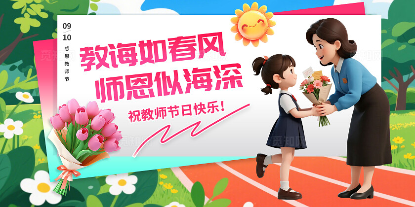 3D潮流卡通可爱教师节展板BANNER