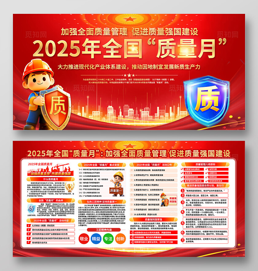 3D潮流卡通红金色大气2025质量月宣传栏展板