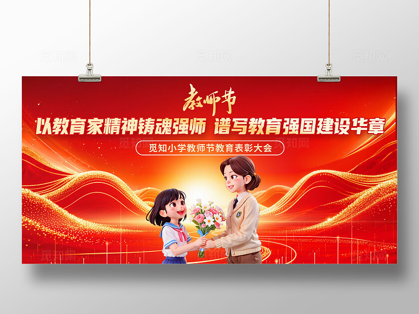 3D潮流卡通红金色喜庆教师节表彰大会活动展板