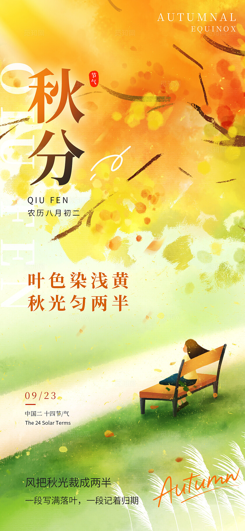 二十四节气之秋分节气插画海报