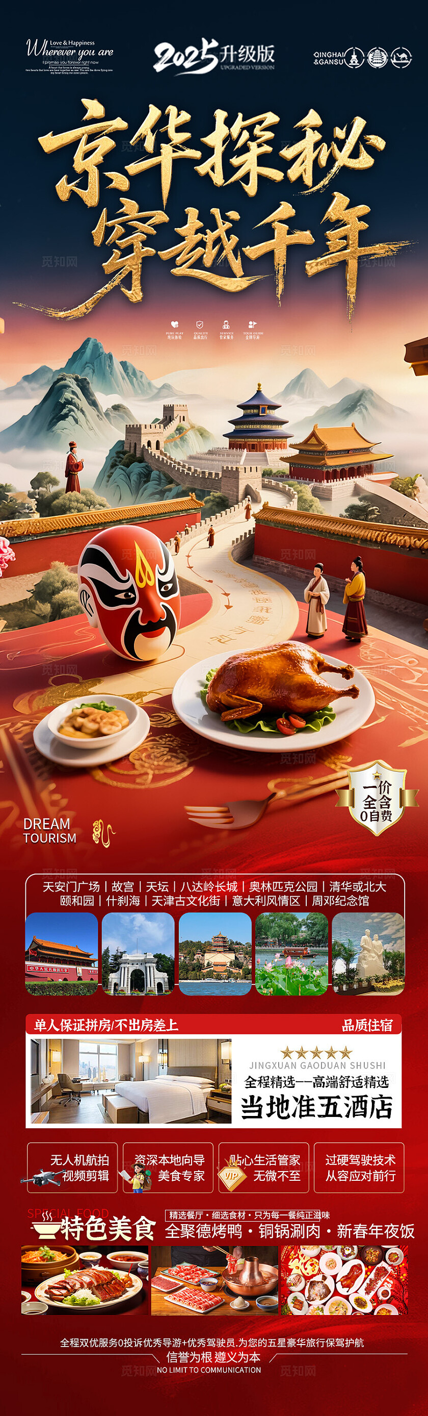 红色背景北京穿越千年旅游海报