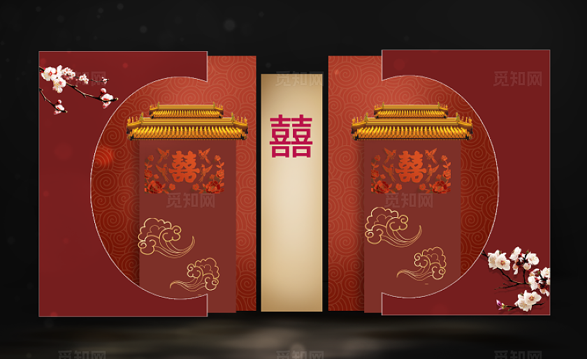 红色中国风古装婚礼舞台效果图