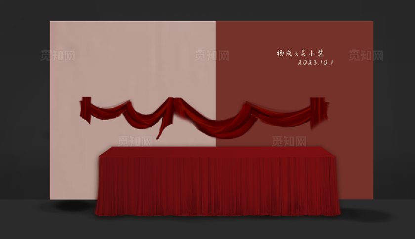 酒红撞色韩式婚礼签到台效果图