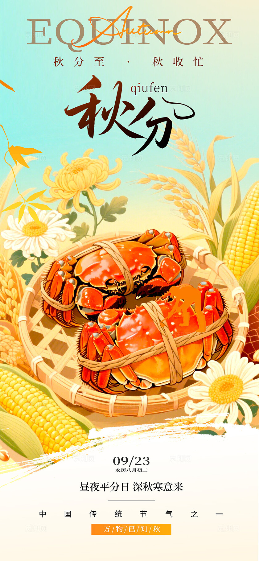 渐变色国潮风格秋分秋分宣传海报秋分海报秋分节气节气海报