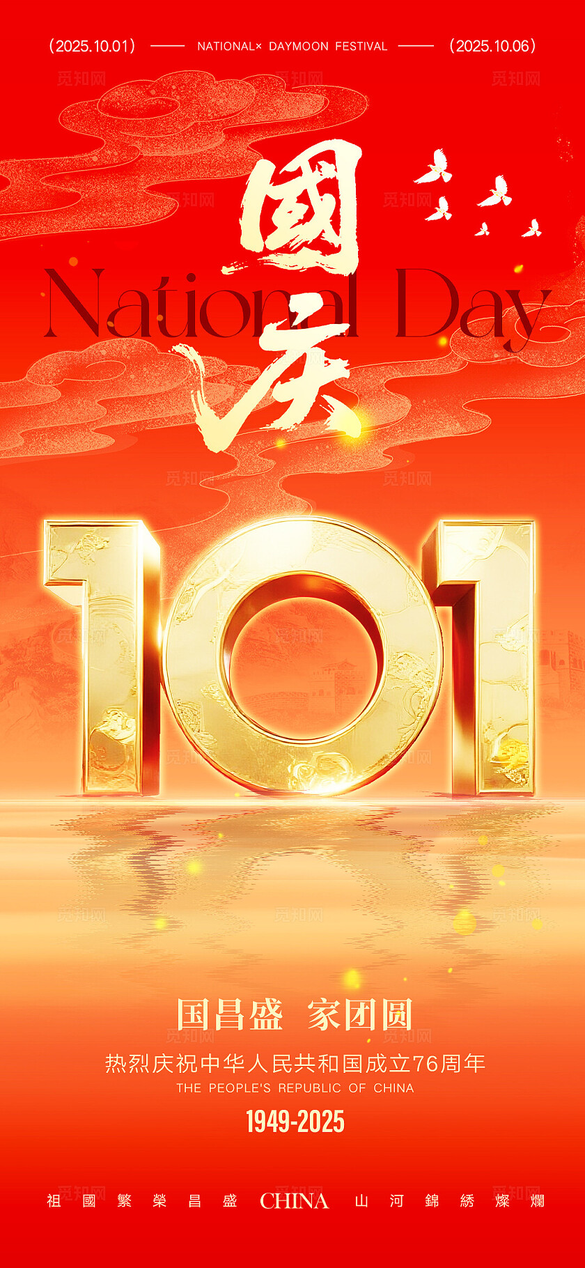 红色大气地产国庆节76周年系列海报