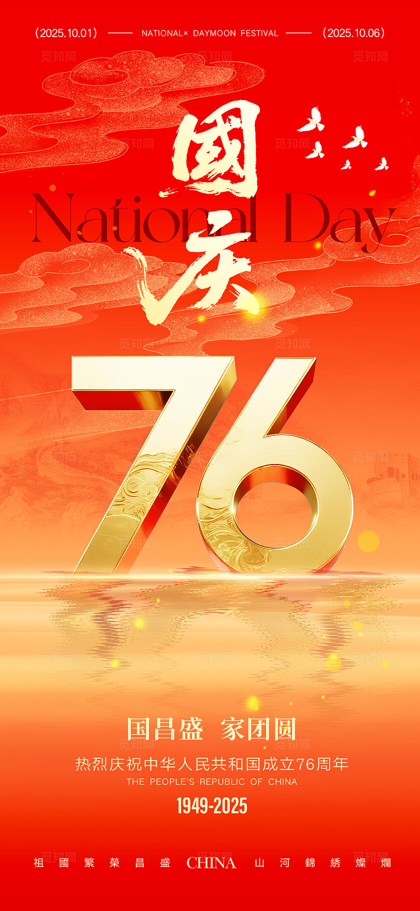 红色大气地产国庆节76周年系列海报