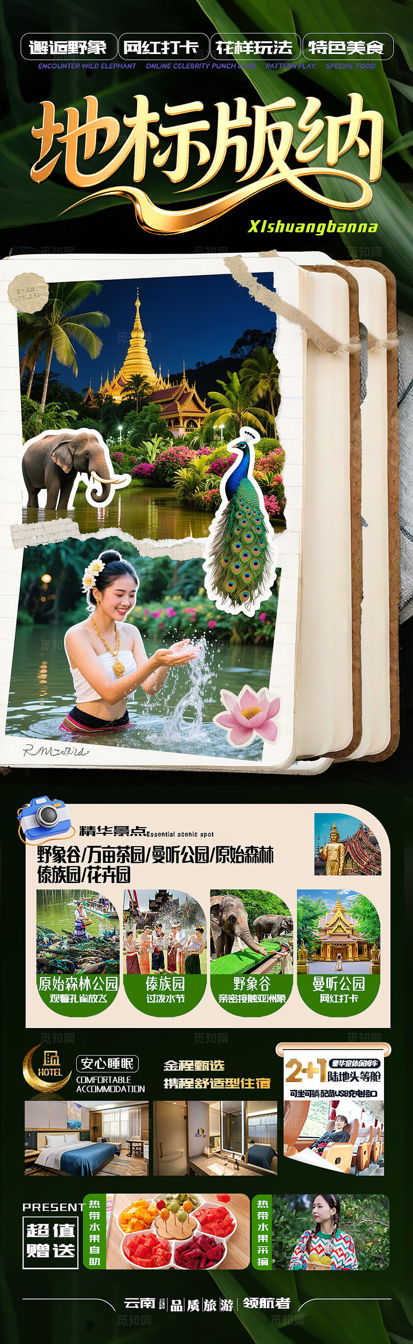 西双版纳旅游墨绿色地标版纳旅游宣传海报