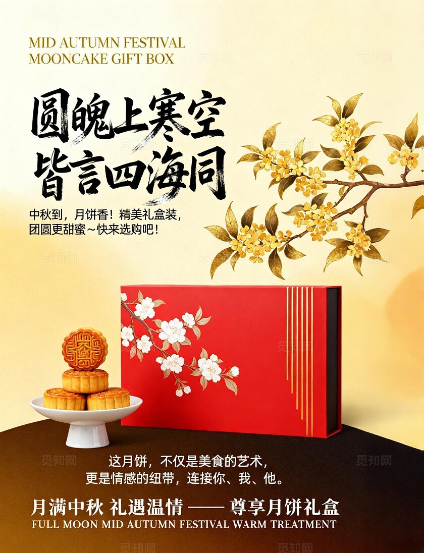 中国风中秋月饼礼盒桂花场景海报素材