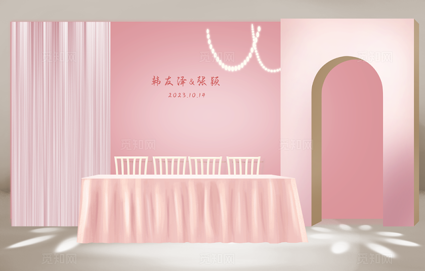 粉色韩式婚礼签到台效果图