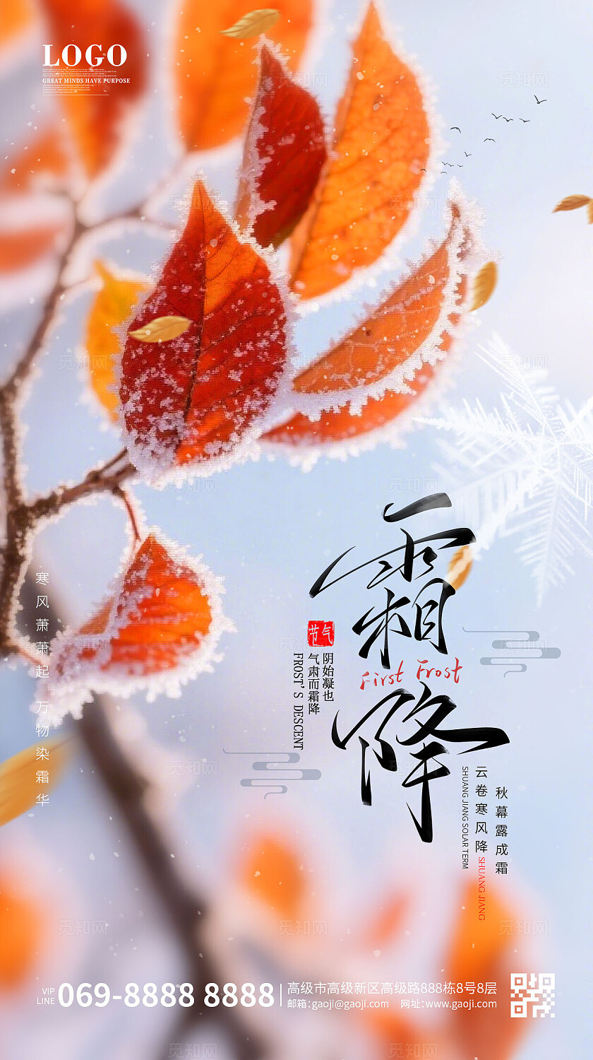 霜降实拍风二十四节气简约大气手机海报红枫叶与落日的静谧海报