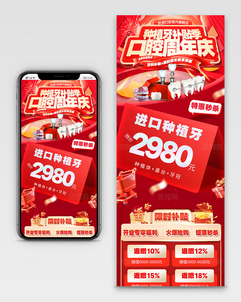 医美美容美业口腔牙齿种植牙牙科周年庆特惠海报长图宣传