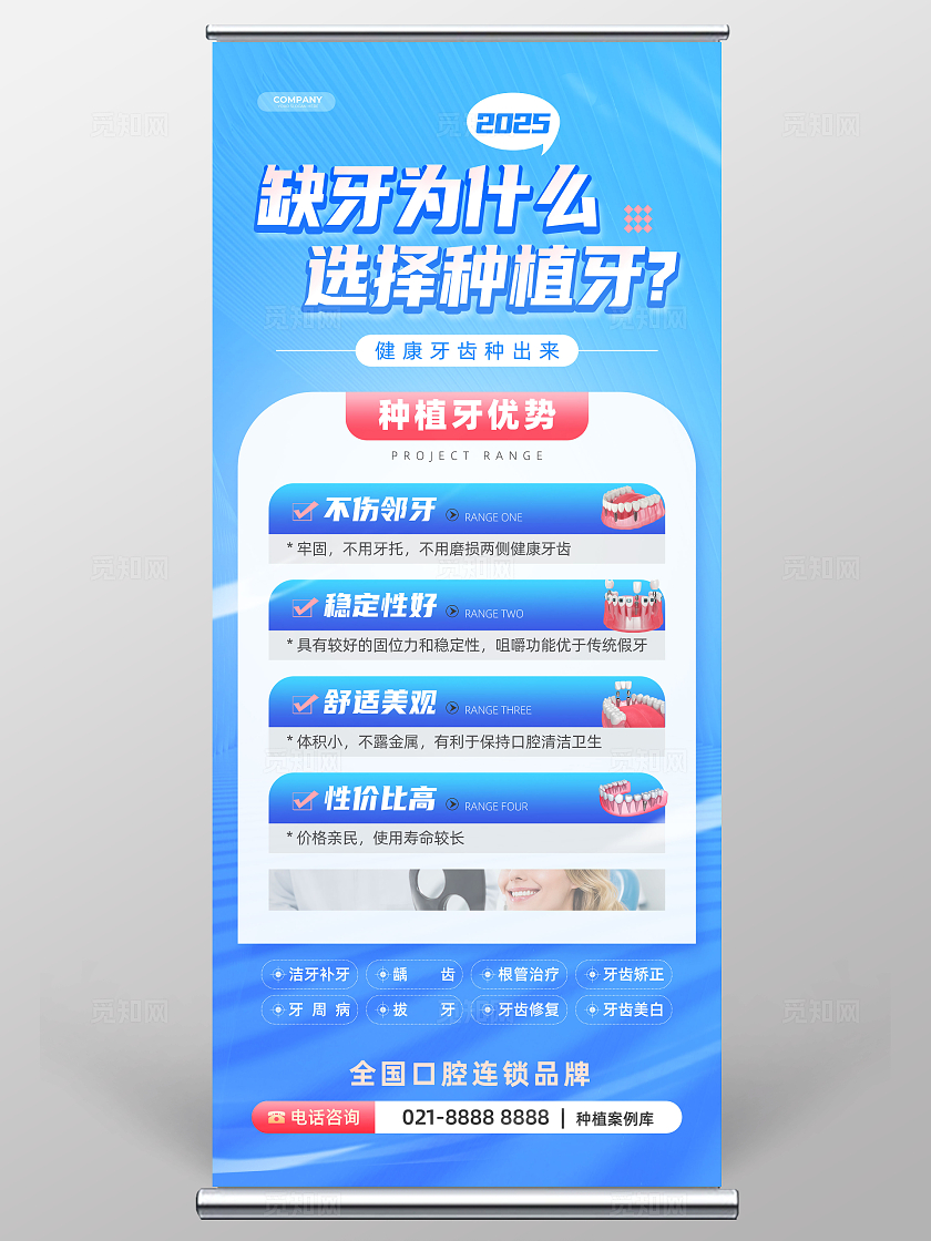 蓝色简约商务风种植牙口腔展架