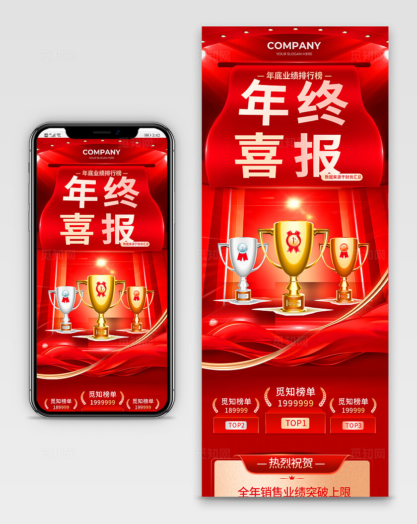 红色大气销售排行榜年终喜报手机长图宣传