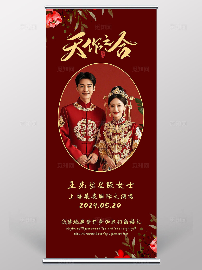 红色婚礼展架结婚易拉宝花卉海报