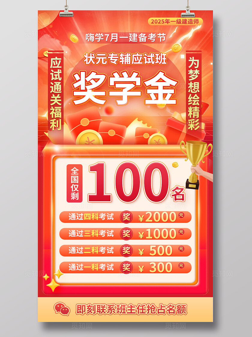 橘色大气奖学金培训状元辅助培训班海报宣传