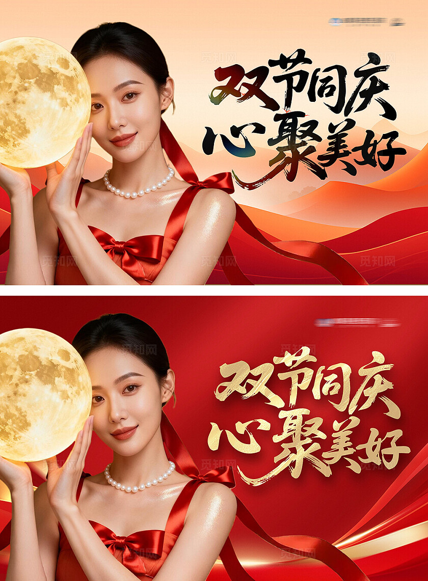 医美中秋国庆双节喜庆背景板系列