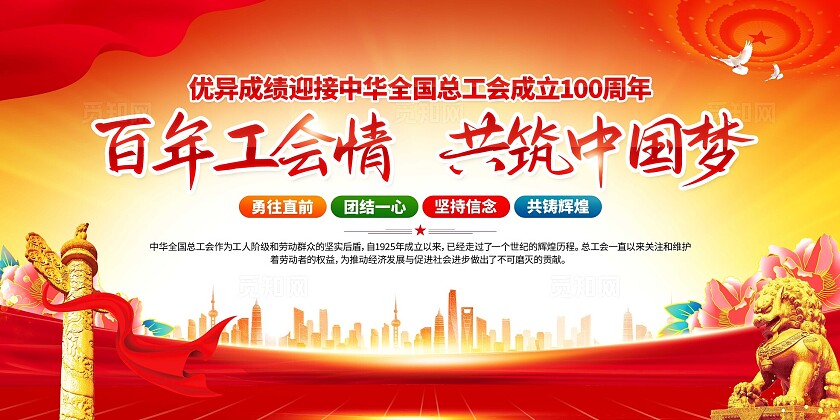 红色大气中国工会光辉历程总工会成立100周年展板