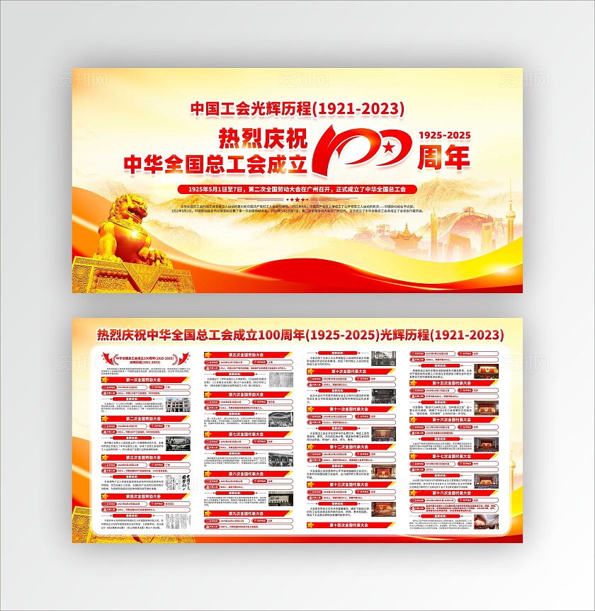 橙色大气中国工会光辉历程总工会成立100周年展板
